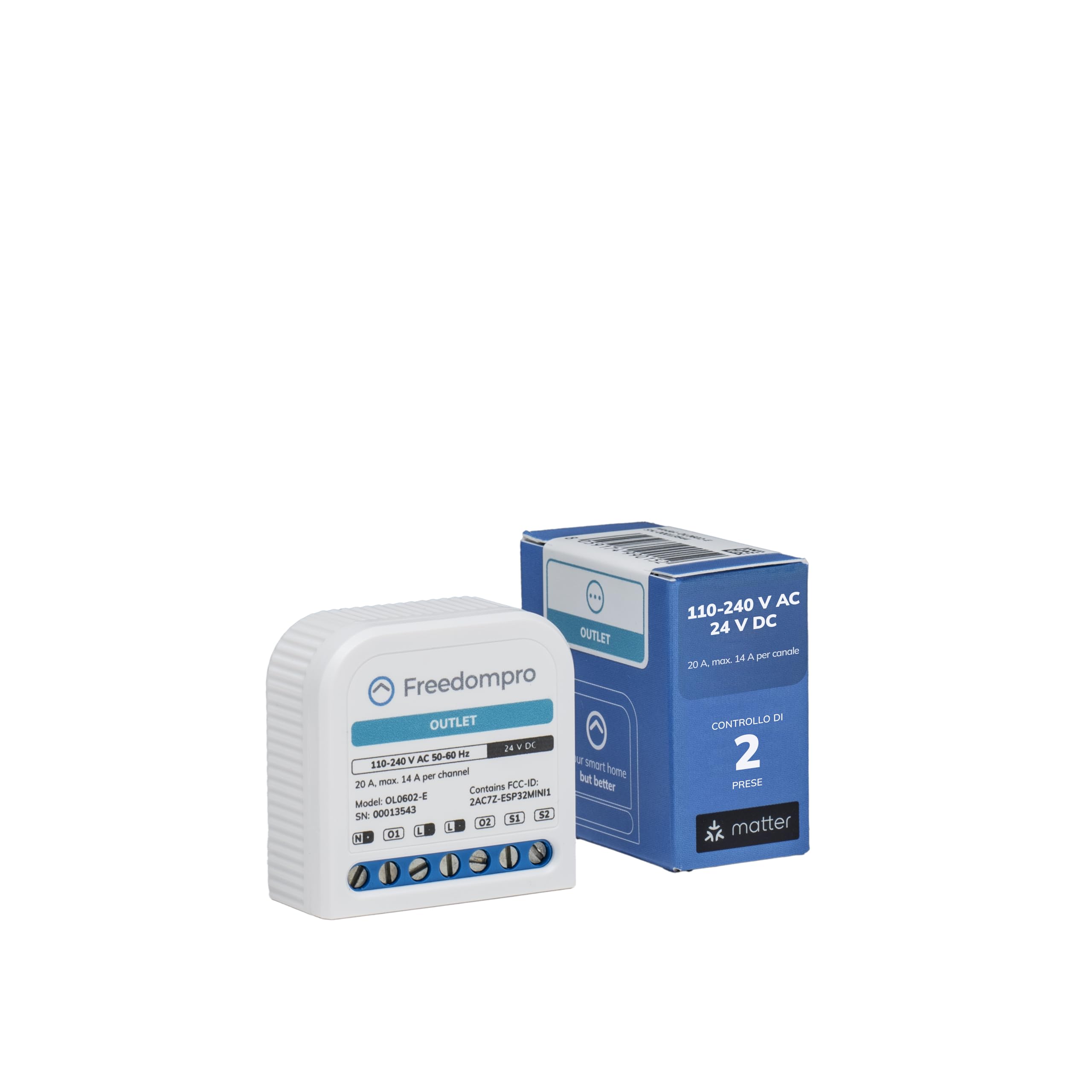 Freedompro Interruttore Smart WiFi Comanda 2 Prese Elettriche, Monitoraggio Energetico, Modulo Smart Home MINI Relè Compatibile con Matter, Apple HomeKit, Alexa, Google, 110-240V 14A Scatola Incasso