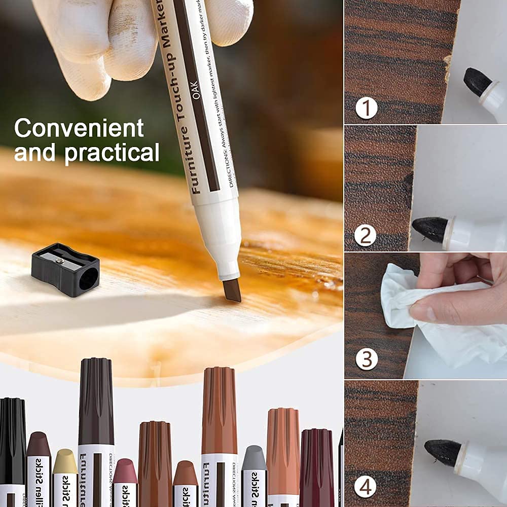 Furniture Repair Kit Wood Markers Set of 13 Markers and Wax Sticks with Sharpener Kit, for