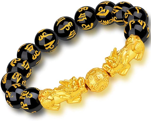 Feng Shui Amulet Bracelet Prosperity 12mm Mantra Bead Bracelet with Double Gold Plated Pi Xiu/Pi Yao Attract Lucky and Wealthy Bangle