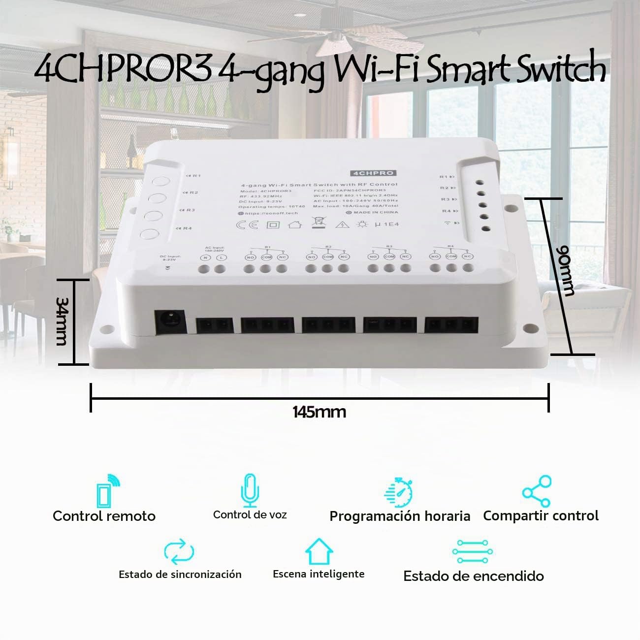 4CH Pro R3 Interruptor Inalámbrico Inteligente WiFi Conmutador de Control Remoto del Temporizador 4 Canales con Operación Inching / Autobloque / Enclavamiento
