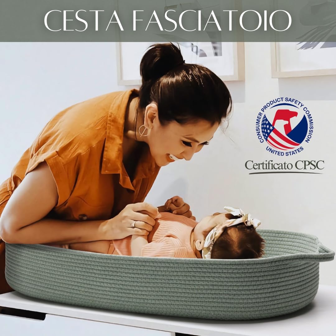 Cesta Fasciatoio per Neonati – Cestino Portatile con Materasso Impermeabile – Fasciatoio da Tavolo o da Viaggio – Moses Cestino per Comò – Design Verde Decorazione Stanza Bambino (Verde)