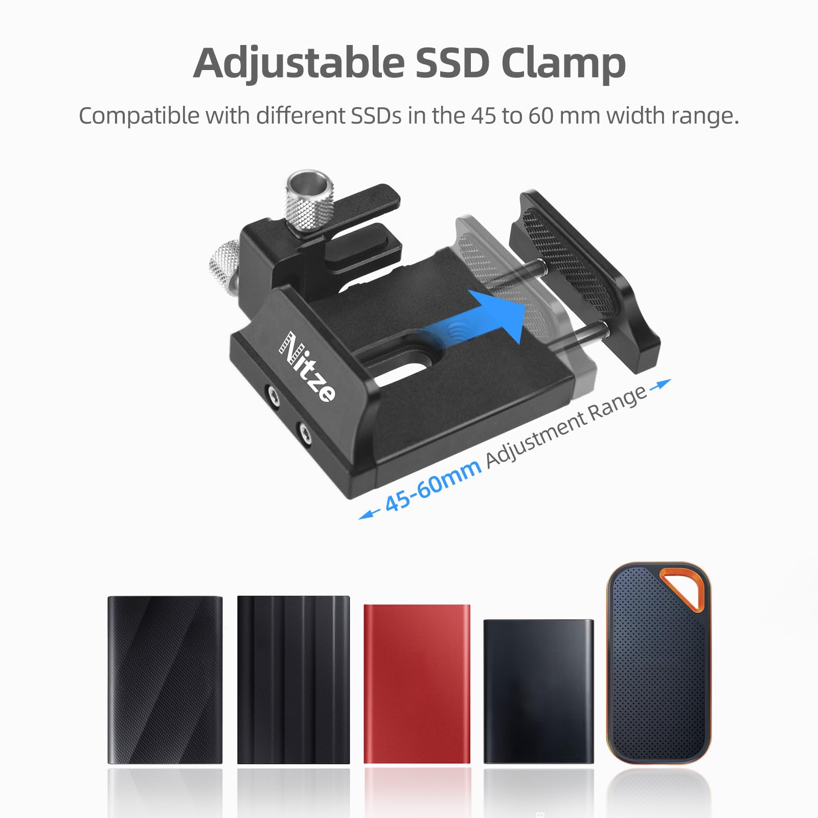Nitze Support Universel SSD pour SSD Samsung T5 / T7 / T7 Shield / T9 et SSD SanDisk, Support de Montagt SSD avec Serre-câble USB-C, Compatible avec Les SSD de 45 à 60 mm de Large pour Cage- N42C