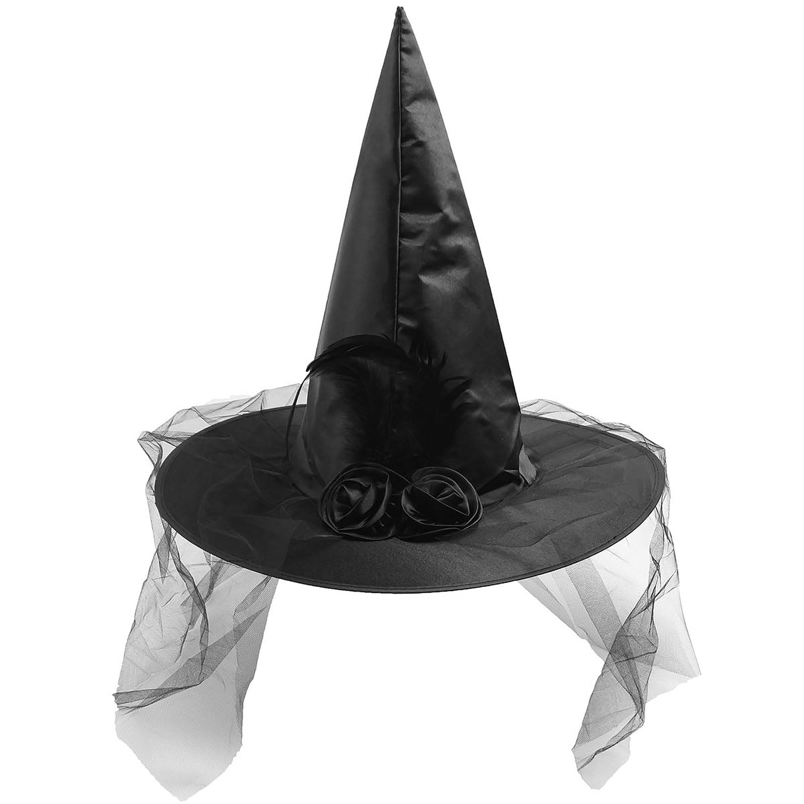 Witches Hat with Veil and Feathers - Halloween Witches Fancy Dress Costume Accessories UK, Halloween Wide Brim Pointed Hat for Women and Girls, Outfit Unisex Fancy Dress Carnival Accessories (Black)