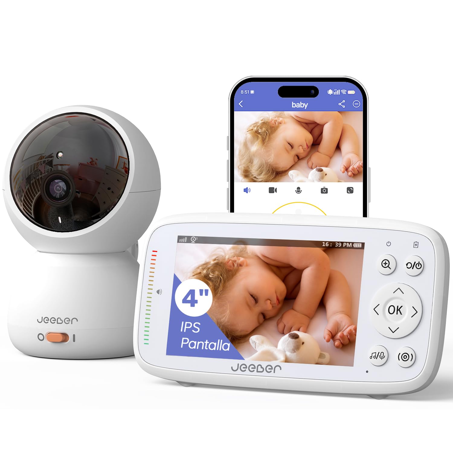 jeeber Camara Vigilancia Bebe con App Movil, 4" IPS Pantalla, 360 ​​Grados, Visión Nocturna, Detección Inteligente de llanto, Área de Seguridad Personalizada, VOX