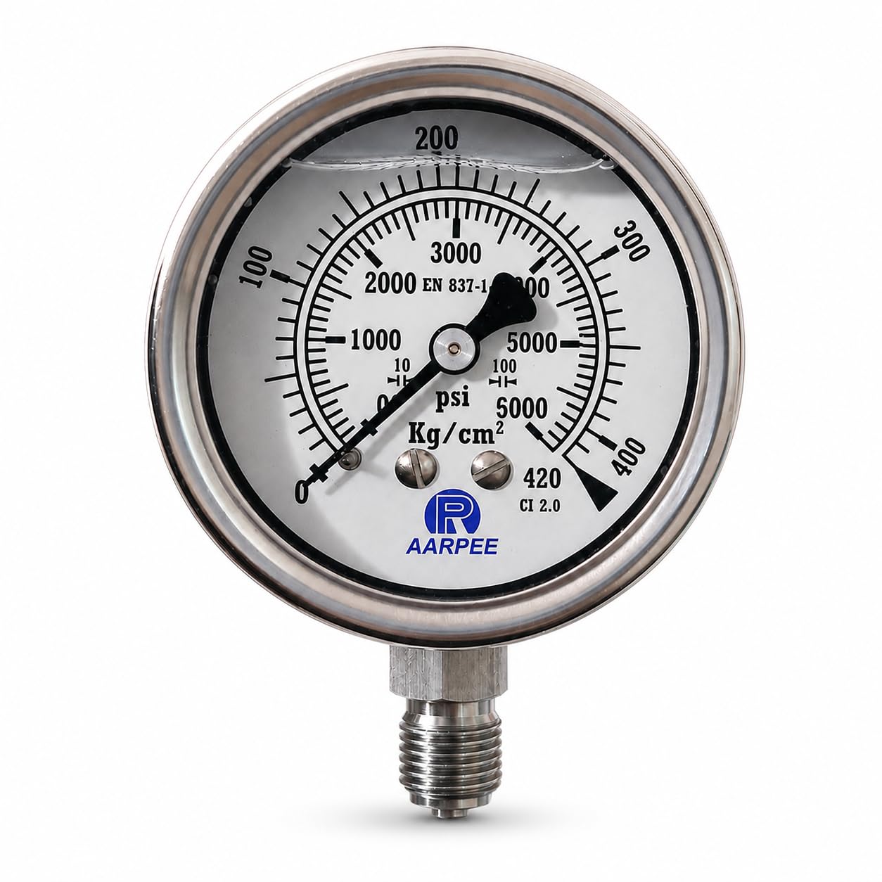 Hydraulic Pressure Gauge, 0-6000 PSI (0-420 Kg/cm²), SS316 Tube SS304 Body, Glycerine filled, Accuracy +/-2% F.S., Make : AARPEE, 63mm, Bottom Entry, 1/4" BSP-image-19