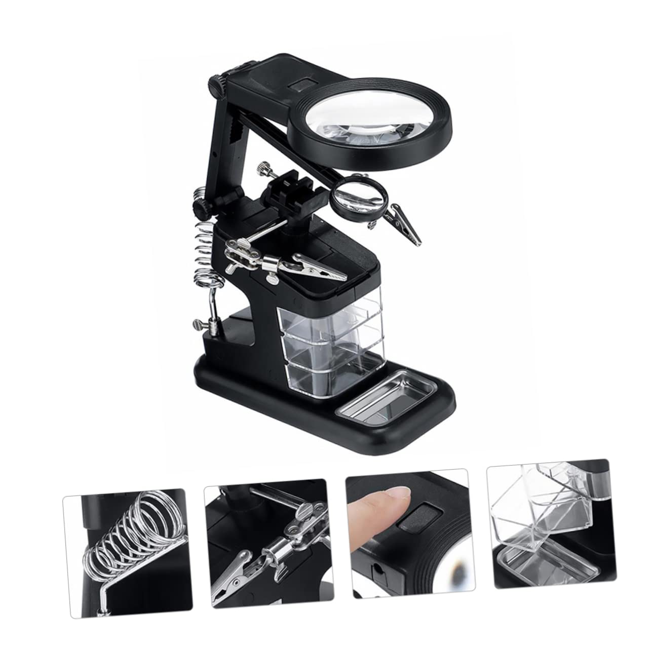 Soporte para Soldar Luz LED y Lupa de Sobremesa Pinzas | Brazos Flexibles, Cuello Giratorio 360°, Base Estable Soporte para Herramientas y Bandeja de Almacenamiento Estilo Aleatorio