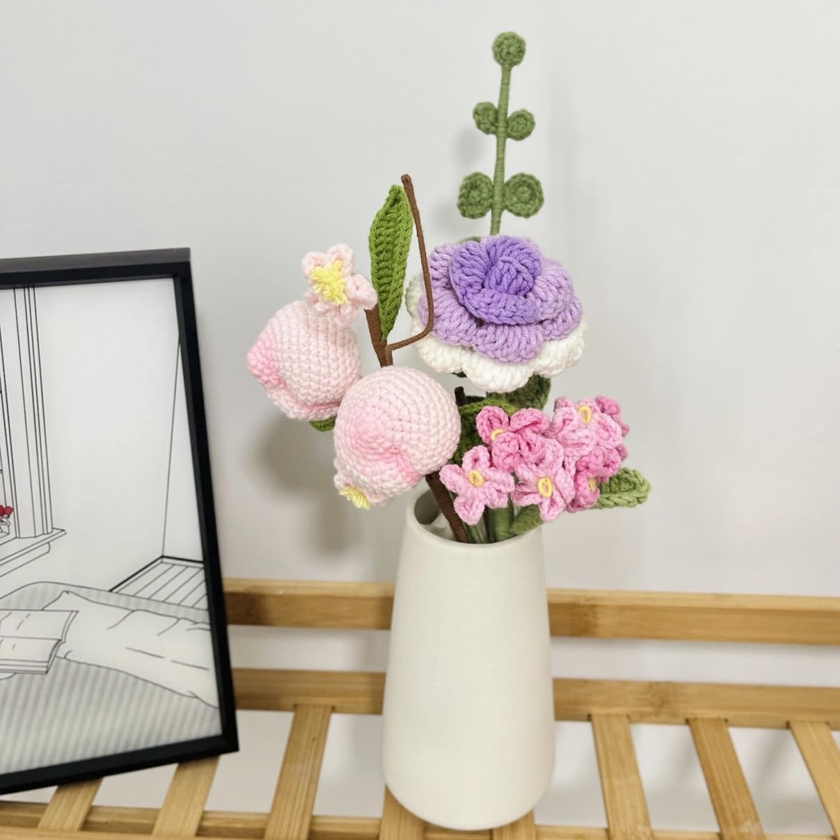 Amazon｜JOMODECOR 手作りローズ モモ果物 毛糸の花束 勿忘草 