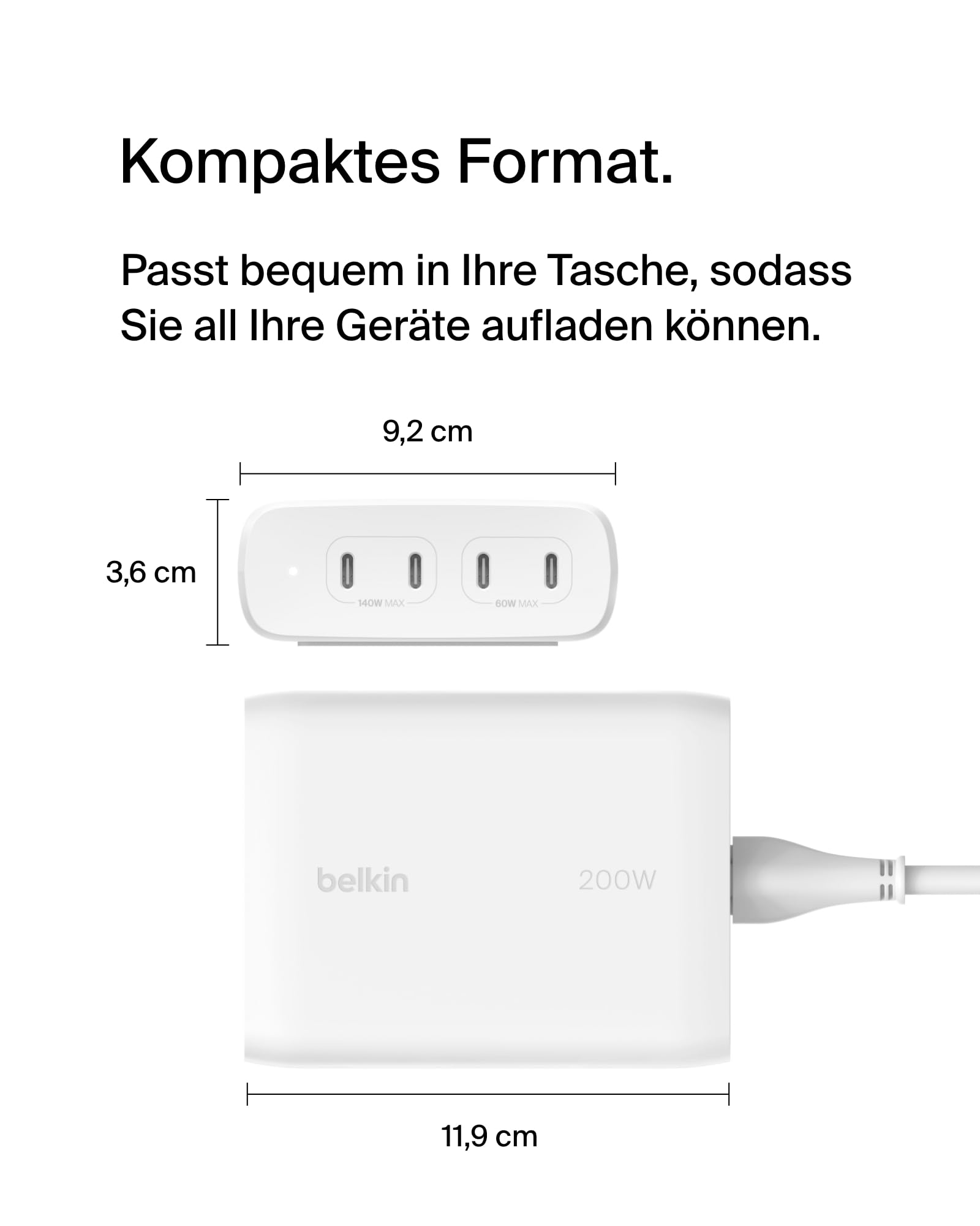 Belkin BoostCharge Pro 4-Port-USB-C-GaN-Ladegerät, 200-W-Schnellladegerät mit USB-C PD 3.1 und 1,5-m-Netzkabel für MacBook Pro, iPhone 17, iPhone Air, iPad, Galaxy S25, Pixel 10, Laptop