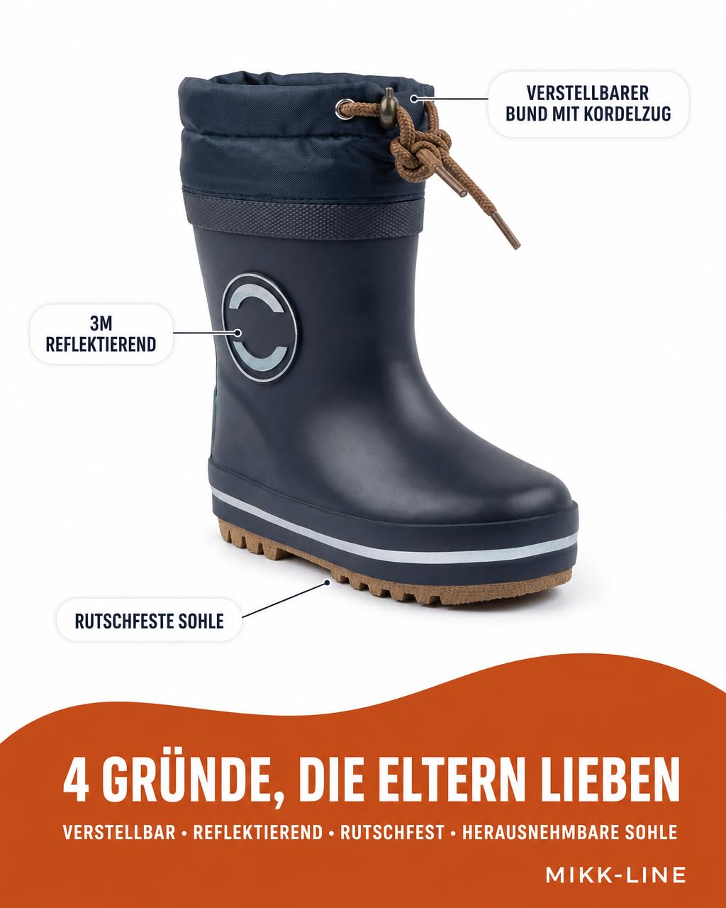 Mikk-line Botas de agua térmicas para niños, botas de goma para niños con cordones, botas de goma forradas con detalles reflectantes, botas de lluvia infantiles de goma natural