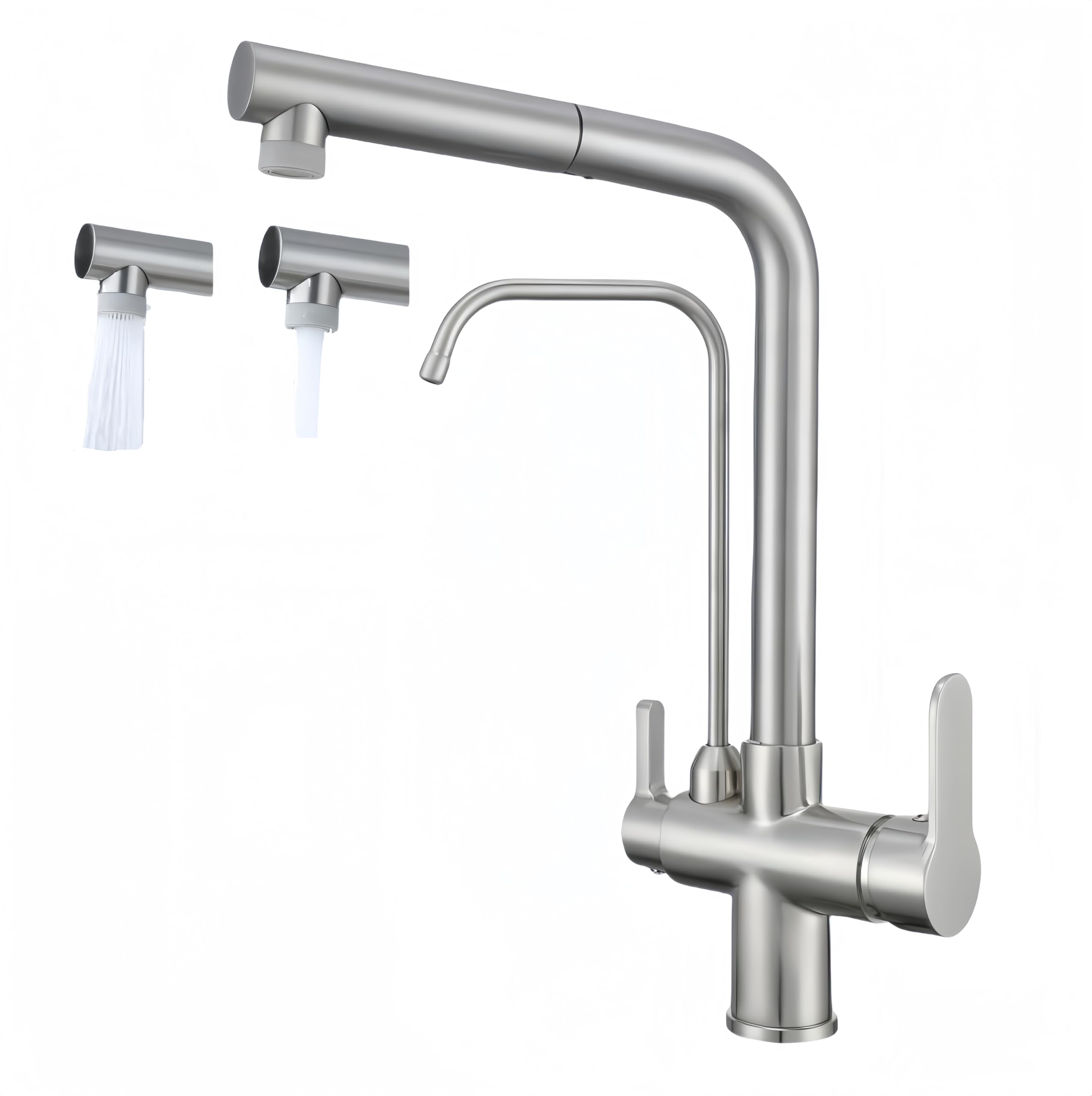 Grifo de Cocina Ósmosis 3 Vías con Ducha Extraíble, Giratorio 360°, Grifo Fregadero 3 en 1 para Agua Fría/Caliente y Agua Filtrada, Grifo para Ósmosis (cepillado)