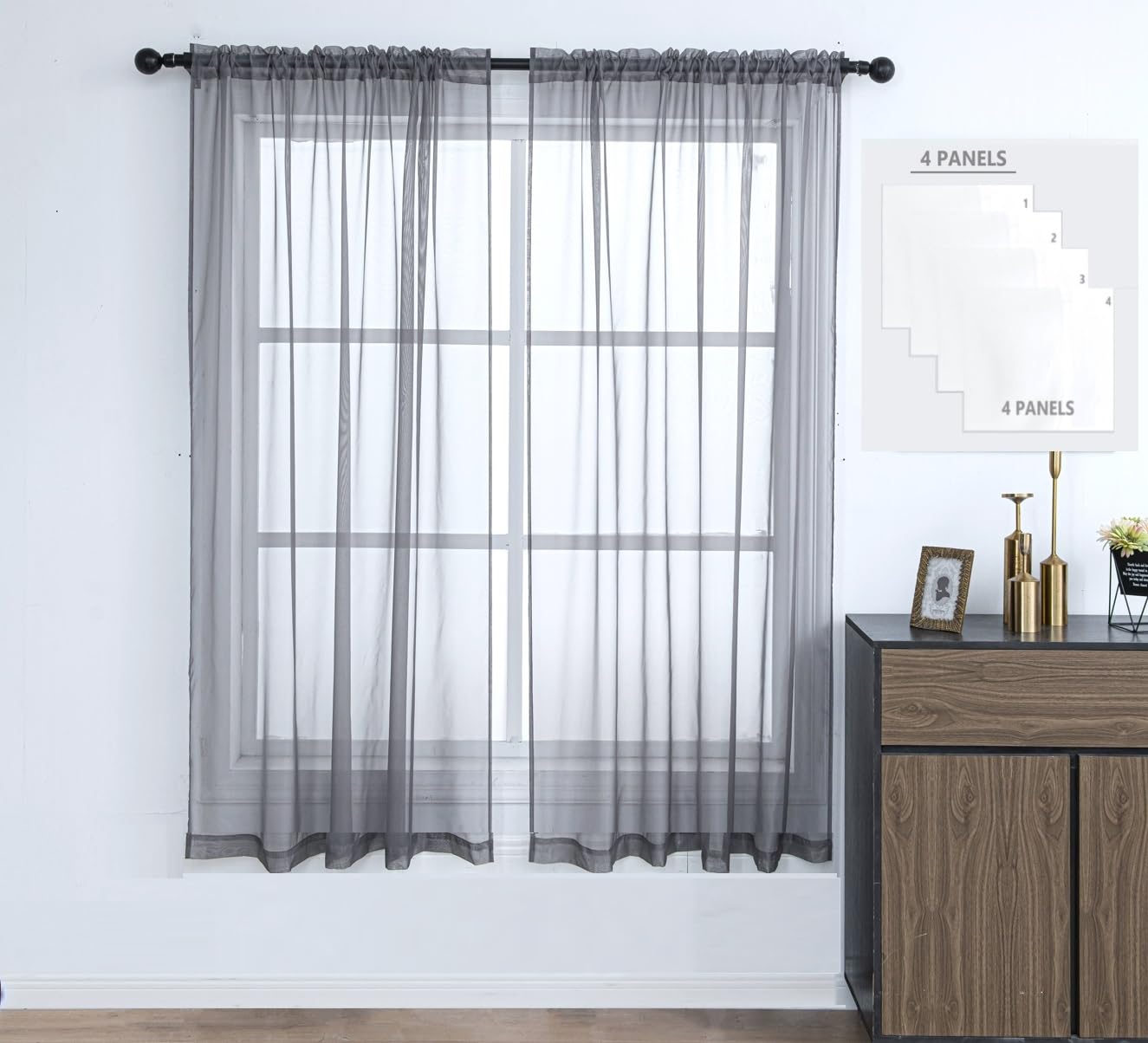PI Sheer Curtains 4 Panels 63 Inches Long,Light Window Treatment Airy Voile with Rod Pocket for Kitchen/Bedroom/Living Room/Small Window(W42XL63,Dark