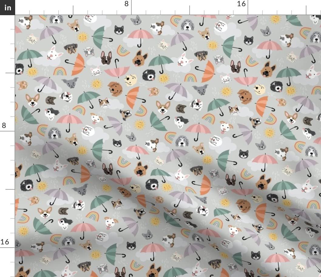 Spoonflower Fabric - Cats Dogs Umbrellas Rain Sun Pets Weather Rainbows Printed on Petal Signature Cotton Fabric Fat Quarter - Sewing Quilting Apparel Crafts Decor