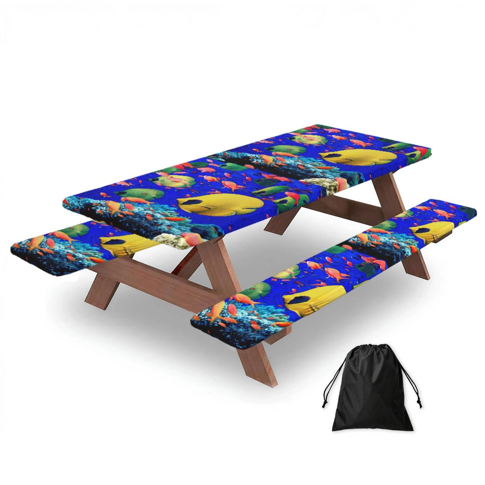 Yqxwjl Black Sea Fishes Print Camping Essentials Waterproof Camping Table And Bench Cover With Drawstring Bag 183 Cm