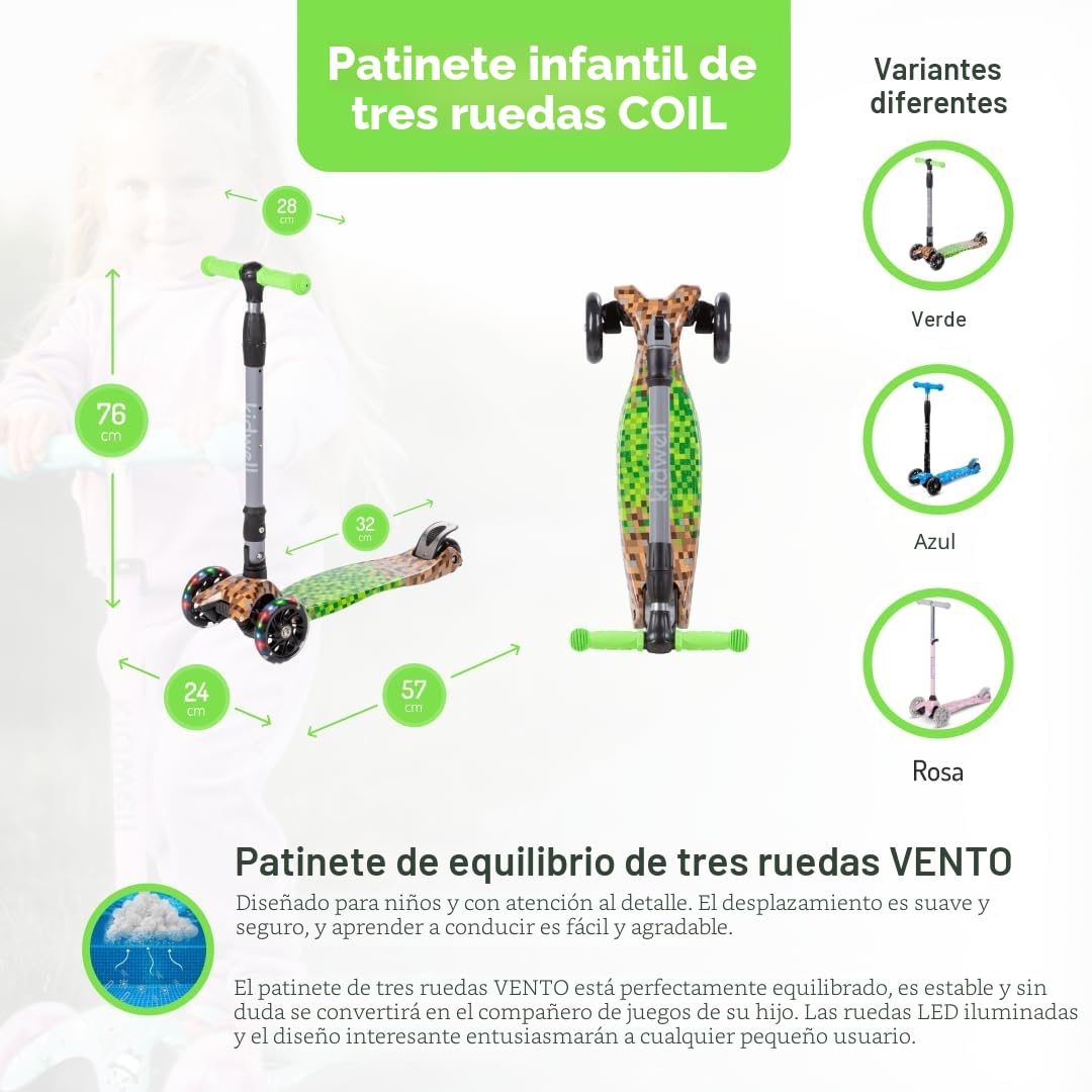 COIL Patinete infantil, patinete de tres ruedas, patinete de equilibrio de triciclos, ruedas de ciudad, rodamientos ABEC-7, 3 niveles de ajuste del volante, ruedas LED