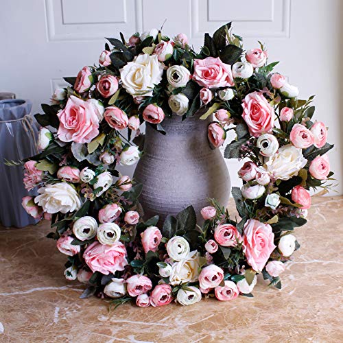 Wreath - 19”, Rose: Large Rustic Farmhouse Decorative Artificial Flower Wreath, Faux Floral Wreath For Front Door Window Wedding Outdoor Indoor - Round, Pink #TOP3