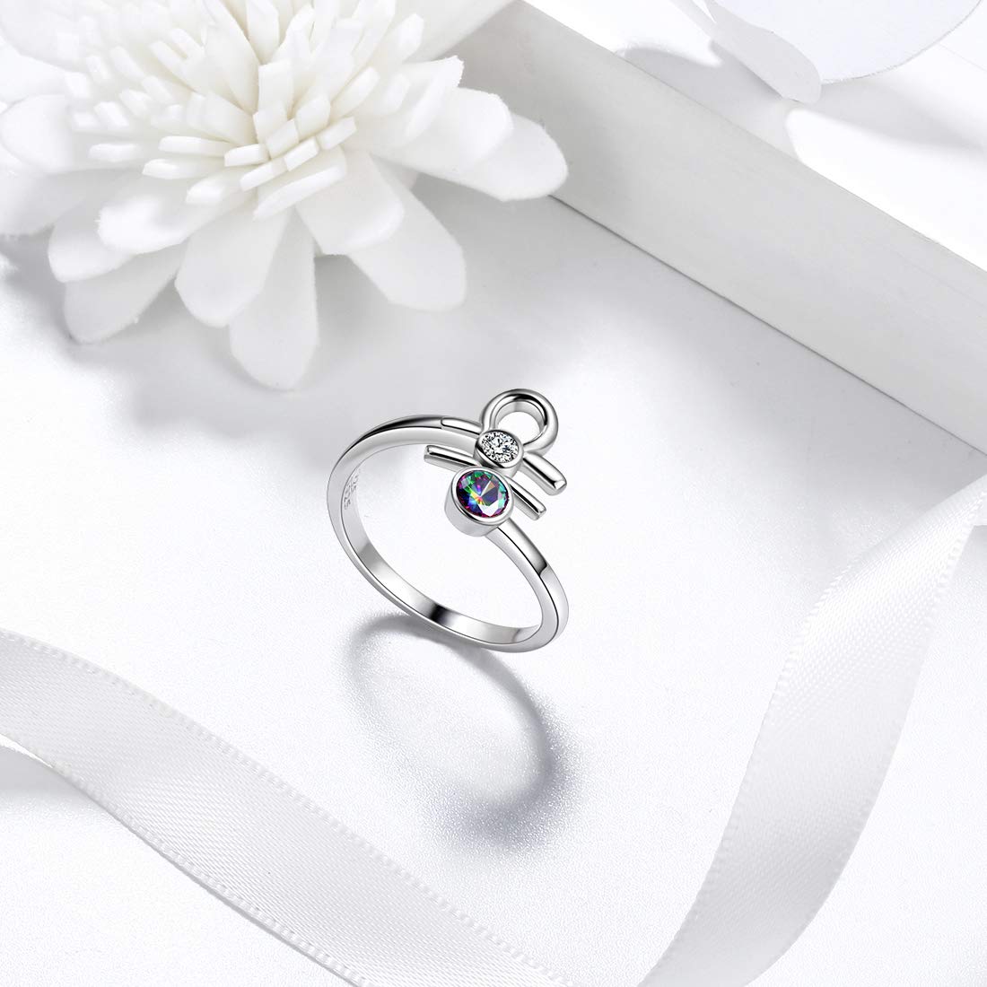 Aurora Tears 12 Zodiac verstellbare Ringe 925 Sterling Splitter Mystic Rainbow Topaz Konstellation offener Ring Horoskop mit Zirkonia Schmuck Geschenk für Frauen und Mädchen DR0087