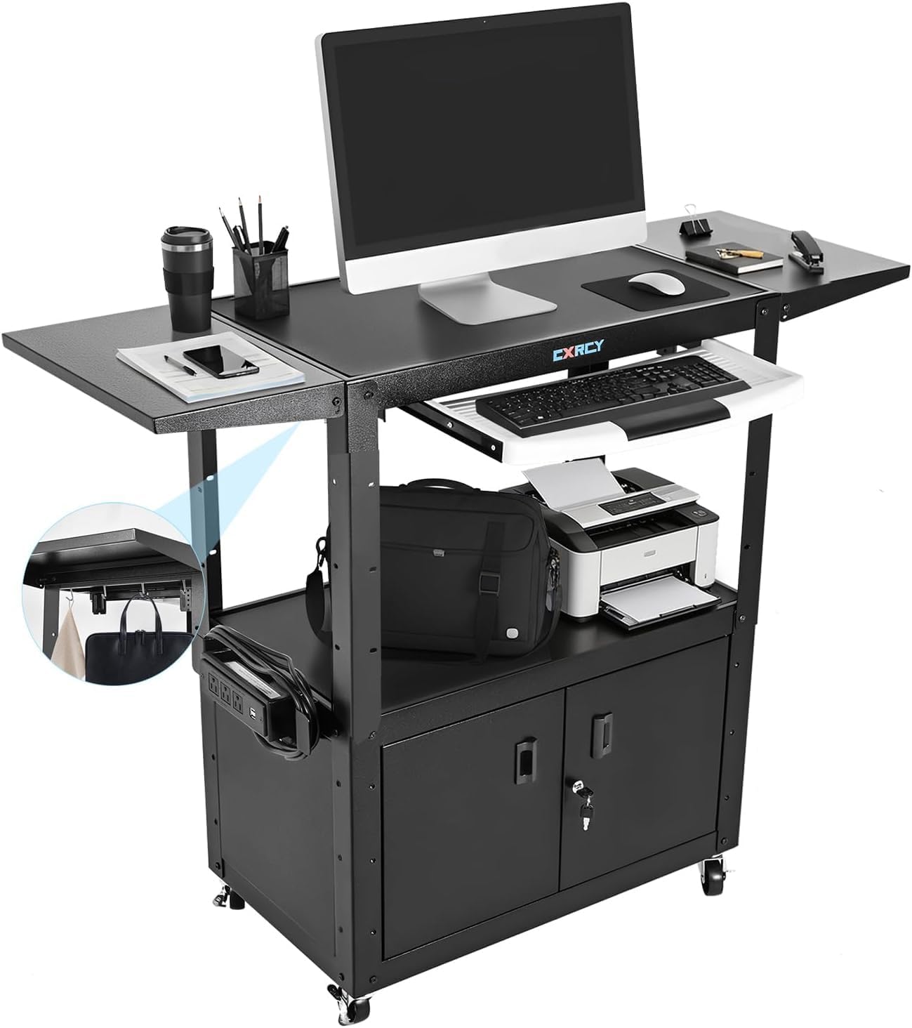 AV Cart with Wheels,Computer Cart,Rolling Height Adjustable Utility Cart with Pullout Laptop Keyboard Tray & Cord Management,for School,Maintenance Shop,Training Institution (52.8" Lx17.7 Wx41 H)