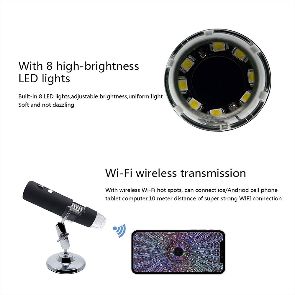 Microscopio Wi-Fi con aumento de 50x a 1000x, resolución de 1920 x 1080P, 8 luces LED, captura JPEG, video MP4, 70 minutos de trabajo, batería de 600 mAh, distancia de transferencia de 5 a 10 m