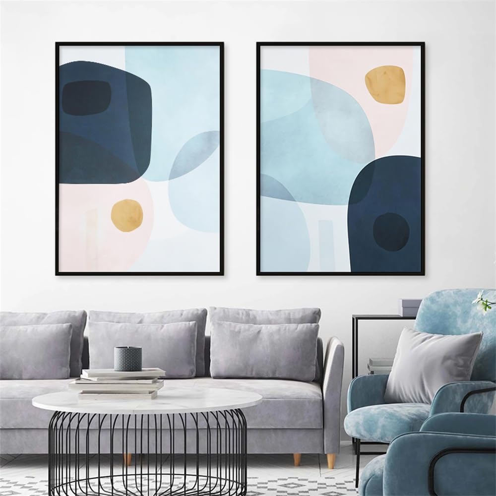 WBYZAC 2 Pieces-Abstract Watercolor Blue Pink Gold Geometric Shapes Posters Canvas Paintings Wall Art Prints Pictures for Living Room Home Office Decor-50 * 60cm (No Frame)