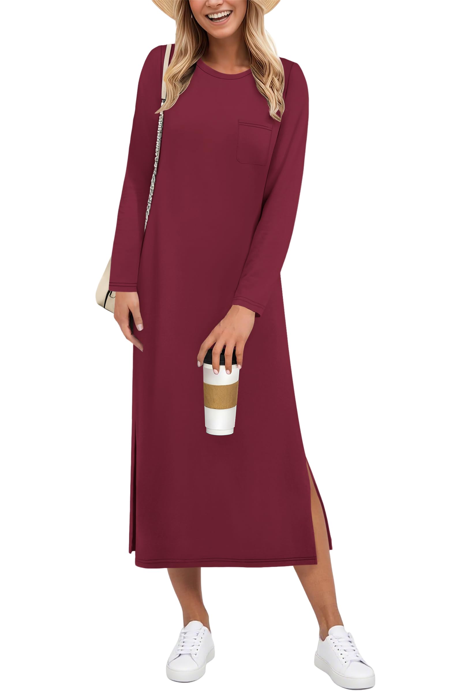 AUSELILY Winter Dresses for Women UK Maxi Split Loose Long Sleeve Dress Casual Ladies Dresses Wine Red M
