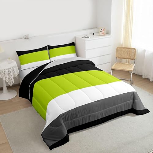 Miniatura 3 de Erosebridal Juego de edredón geométrico, edredón de plumón verde, negro y gris, juego de ropa de cama moderno de retazos a rayas para niños y