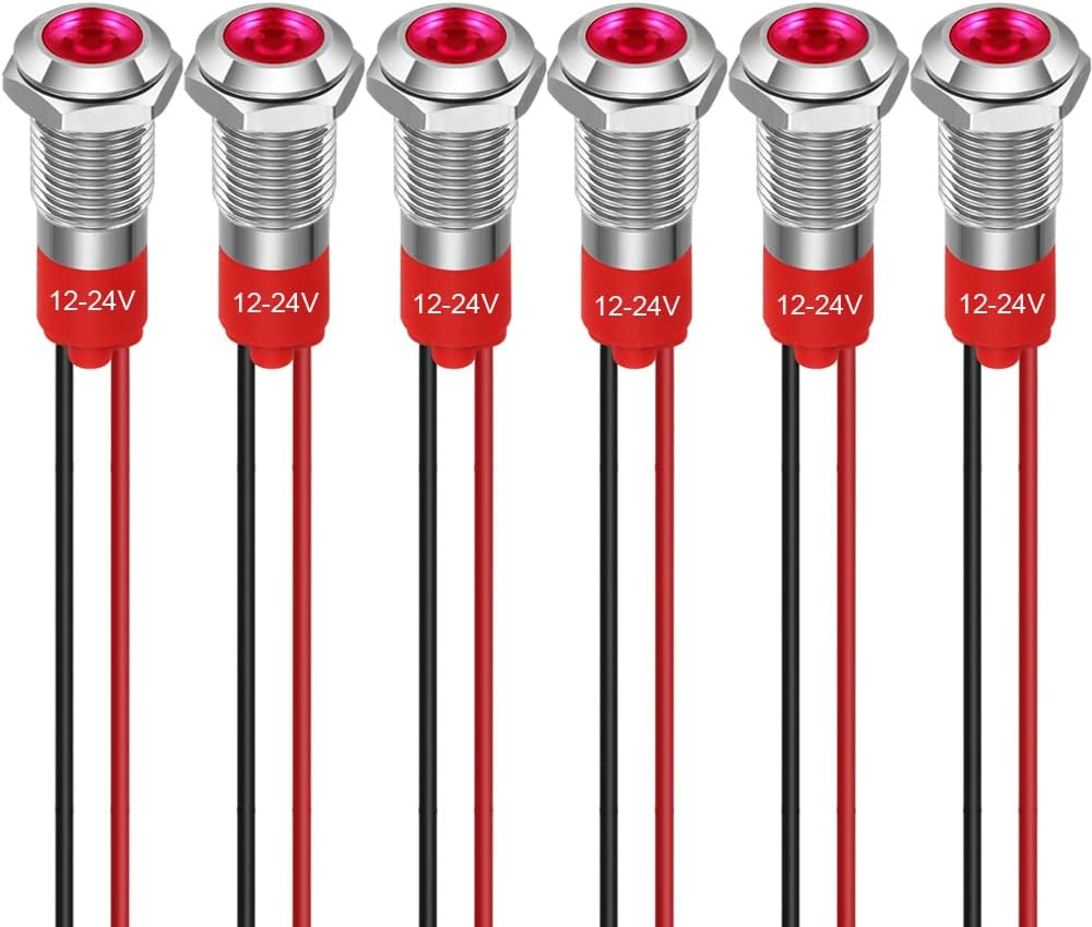 GUUZI 8 mm Luz Indicadora LED 12-24 V Luz de Señal Impermeable Panel de Metal Indicador LED Luz de Señal Montaje en Panel Cabeza Plana con Cables Carcasa Plateada (Rojo, 6 Piezas)