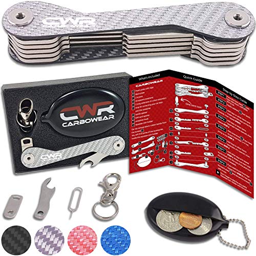 Compact Smart Key Holder Organizer - UP to 22 Keys for House, Mailbox, Locks - Carbon Fiber Key Organizer Keychain - Easy Assembly - Fob Car Loop, Bottle Opener, Carabiner, Coin Holder (Silver Sand)