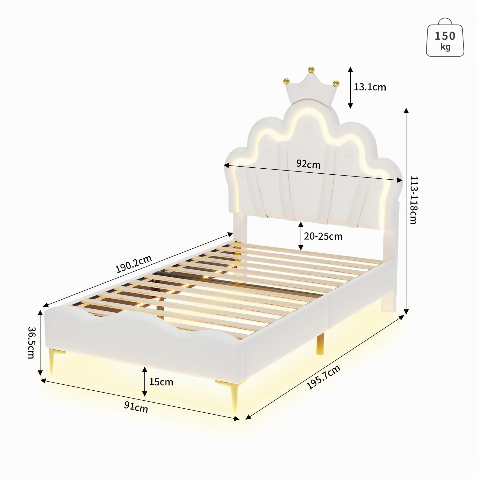 Cama infantil tapizada de 90 x 190 cm con iluminación LED, cama individual con cabecero ajustable en forma de nube con corona, marco de cama para niña con somier, sin colchón, poliuretano