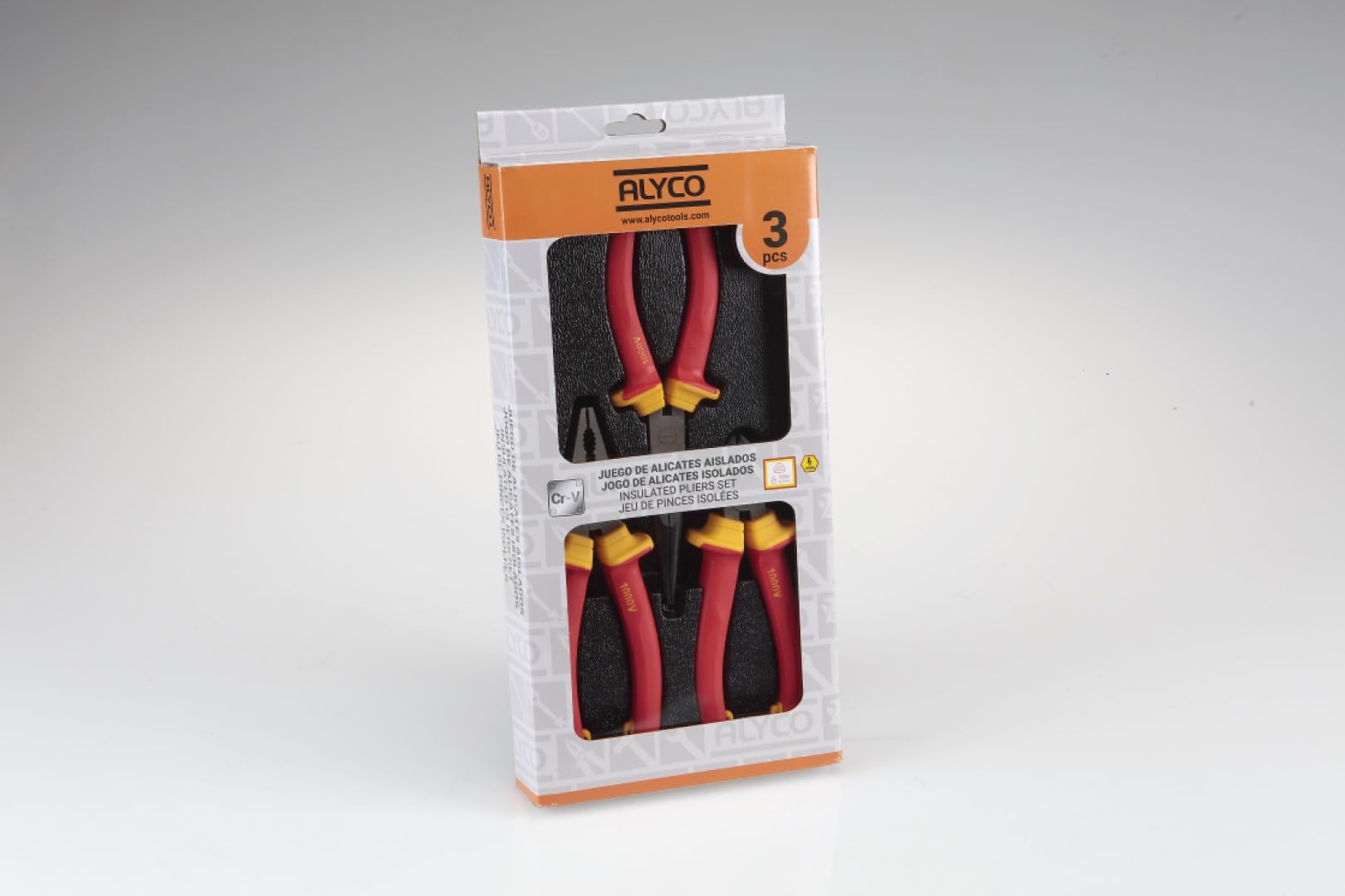 Alyco Orange - Juego de 3 Alicates Aislados 1000V (VDE) para Electricista en Acero Cr-V | Universales + Corte Diagonal + Puntas Largas Semirredondas, Pelacables Profesional