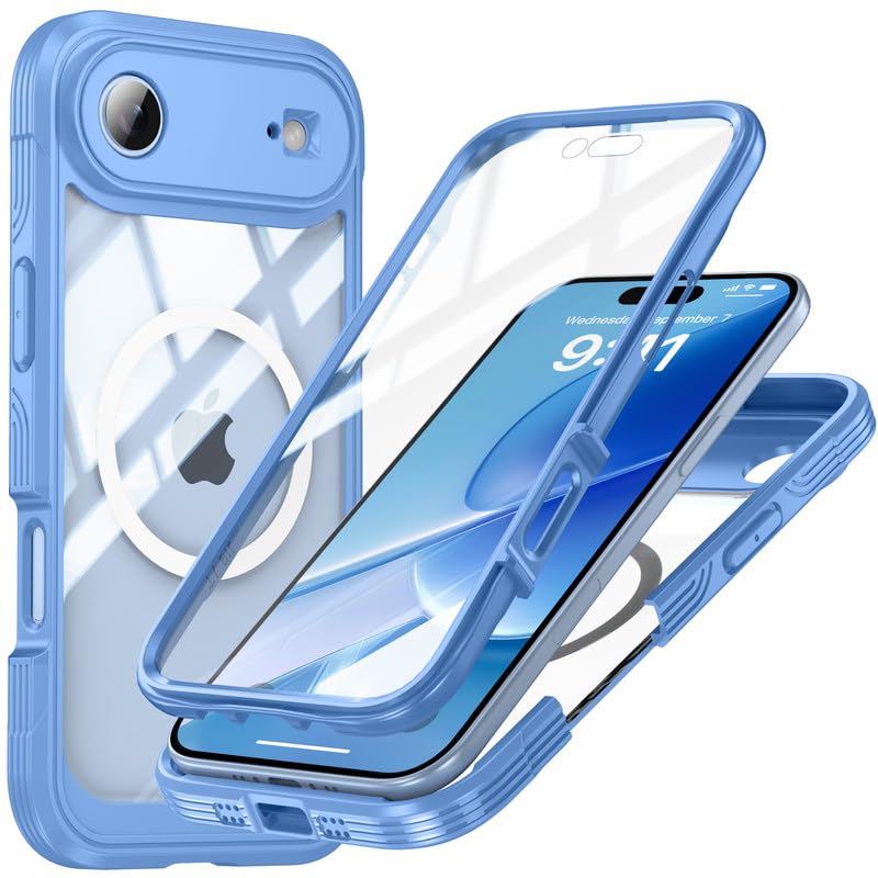 Image of LuxuryKase Shockproof Front & Back Cover for iPhone Air with Full Body Protection | Strong Grip | Camera & Screen Guard | Wireless Charging Support | Durable TPU+PC Design - Blue