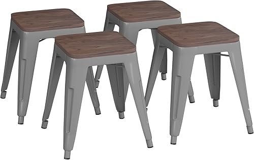Miniatura 1 de Flash Furniture Juego de 4 taburetes de metal con asiento de madera, taburete de grado comercial Kai plateado sin espalda, sillas de comedor