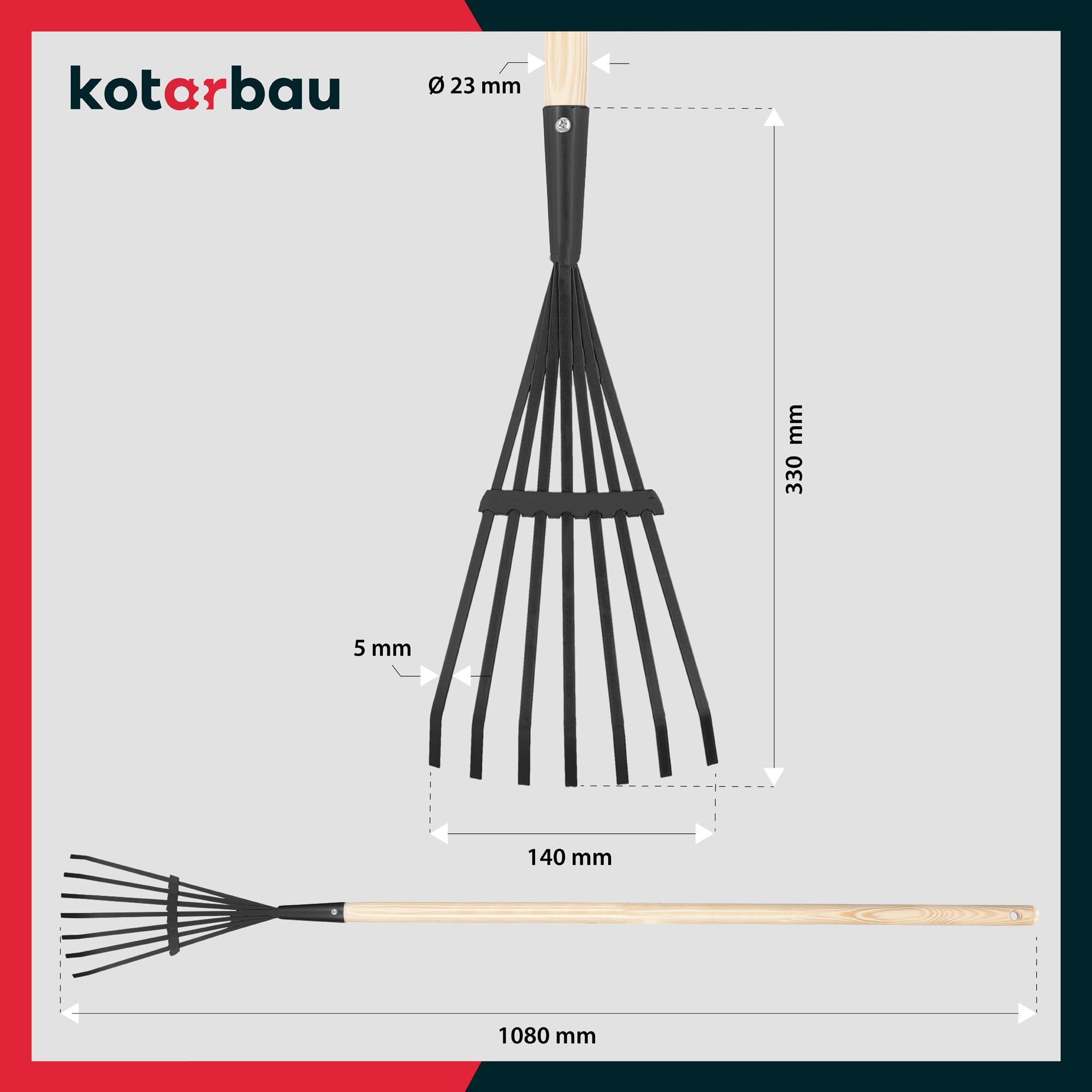 KOTARBAU® Rateau à Feuille - Acier - 14 cm - Râteau Jardin- avec Manche - 108 cm - Ramasse Feuille - Outil Robuste pour Gazon et Feuilles - Noir et Bois Naturel