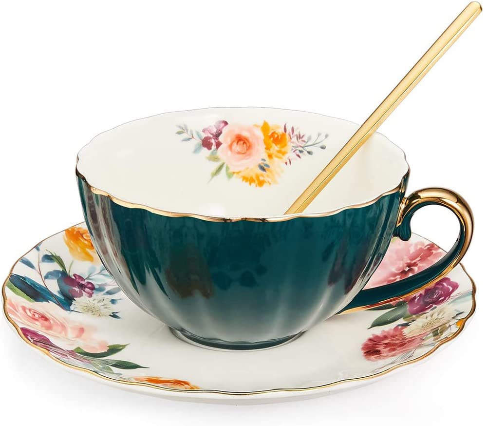 Lyellfe Set Of 2 Floral Tea Cups With Saucers & Spoons - 8 Oz British Style With Gold Trim