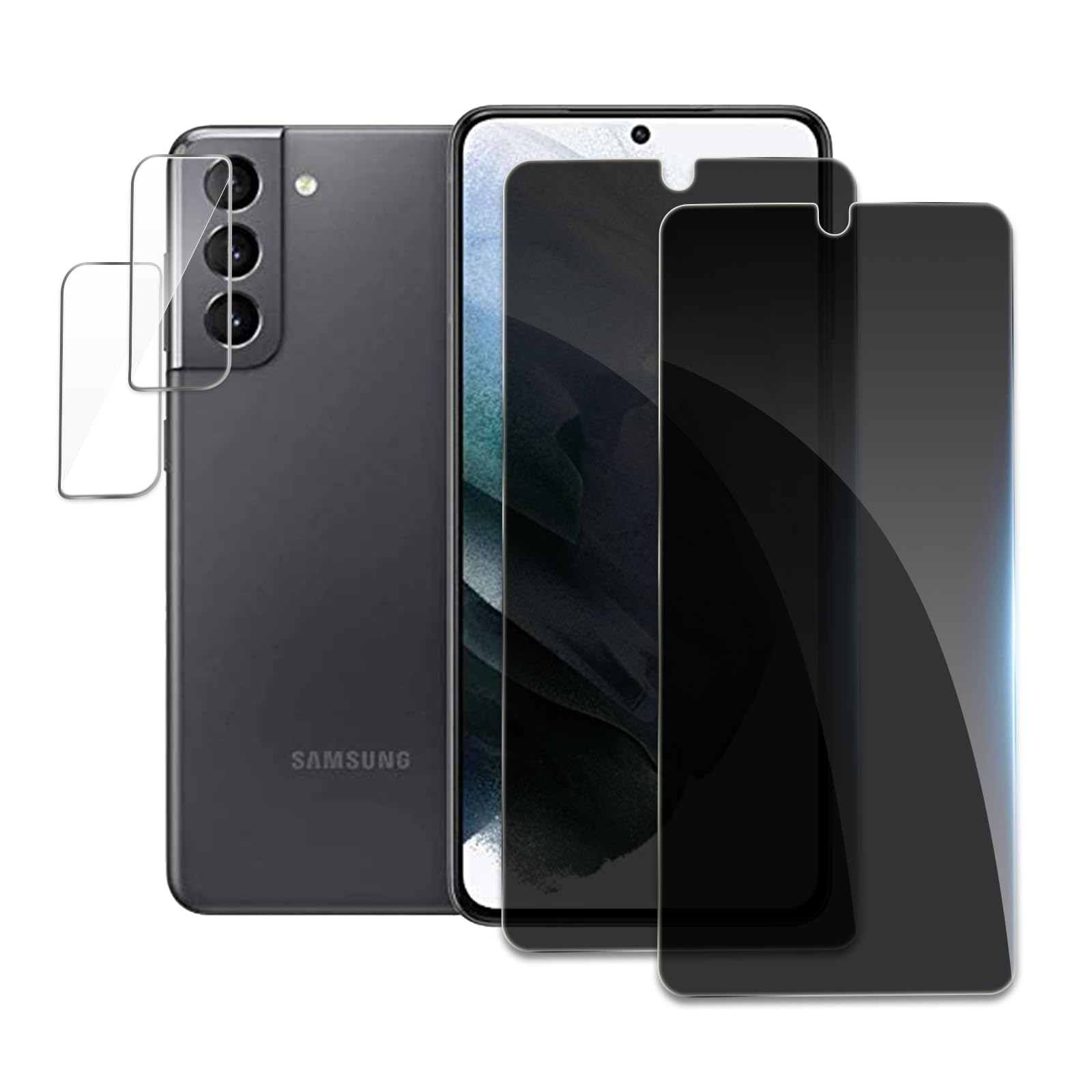 [Confezione da 2 + 2] Pellicola proteggi schermo per Samsung Galaxy S21 5G, in vetro temperato infrangibile, anti-spia, con obiettivo della fotocamera, durezza 9H, senza bolle, antiriflesso