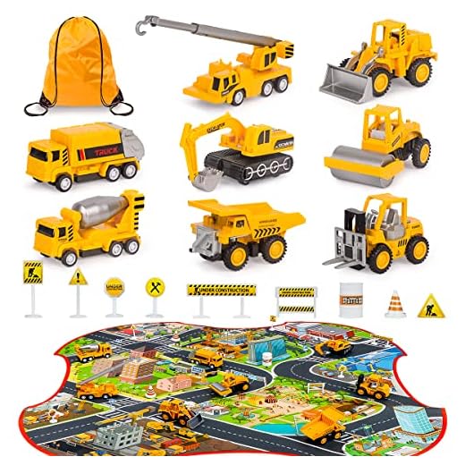 Construction Vehicles Truck Toys Set with Play Mat - 8 Mini Engineer Diecast Pull Back Cars, 22.7x32.7Inch Playmat & 12 Road Signs, Toy Car Set for Boys Toddlers Birthday Christmas 3+ Year Old
