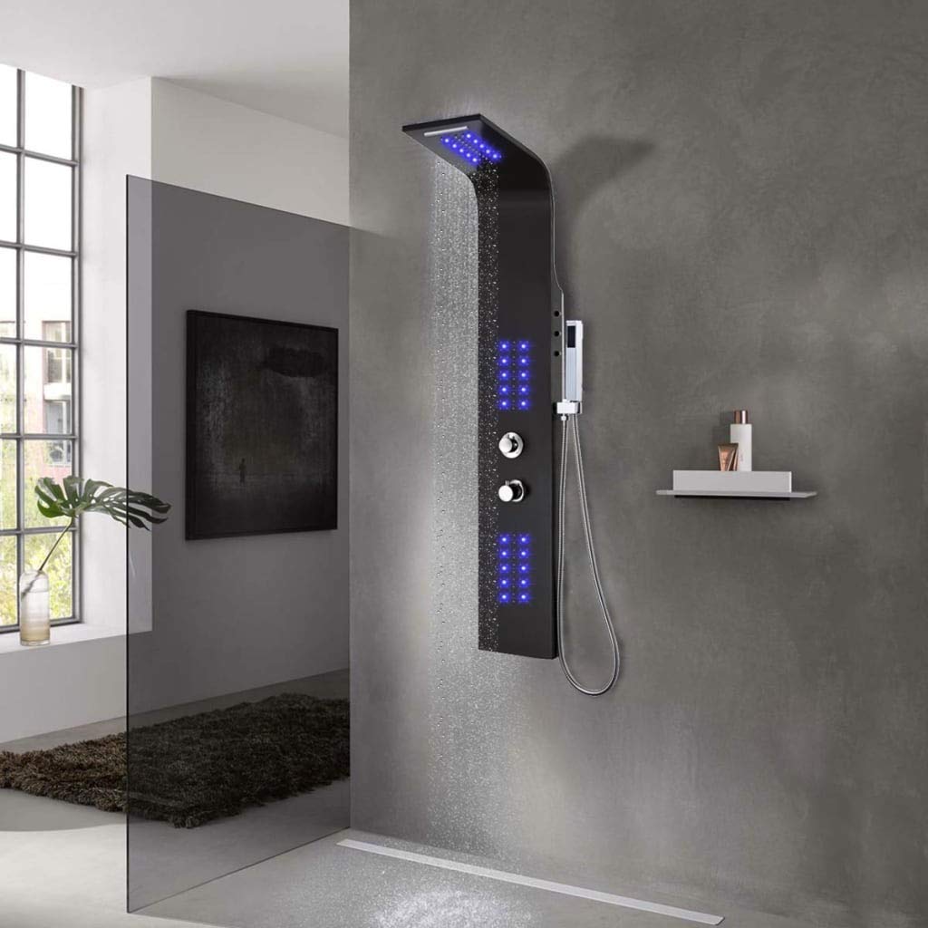 Pannello doccia in alluminio nero, 20 x 44 x 130 cm, con doccia a pioggia, soffione massaggiante e illuminazione LED, moderno sistema doccia per bagno, benessere e relax