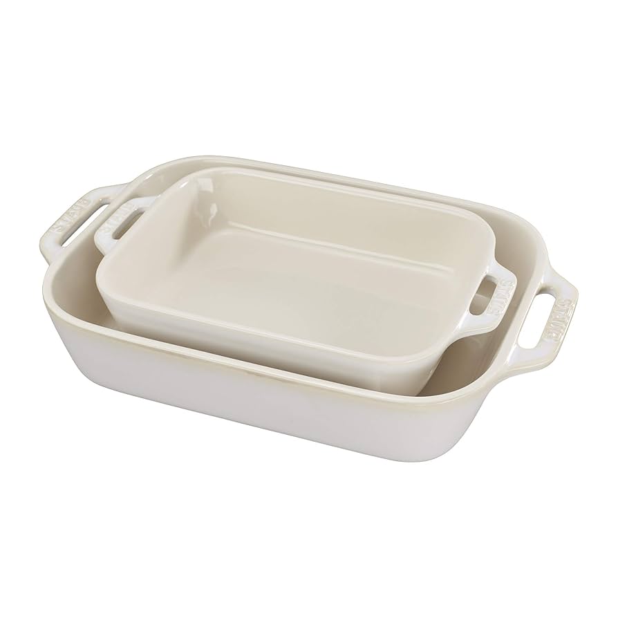 STAUB Ceramic Rectangular Baking Dish Set, 2 pc, Rustic Ivory