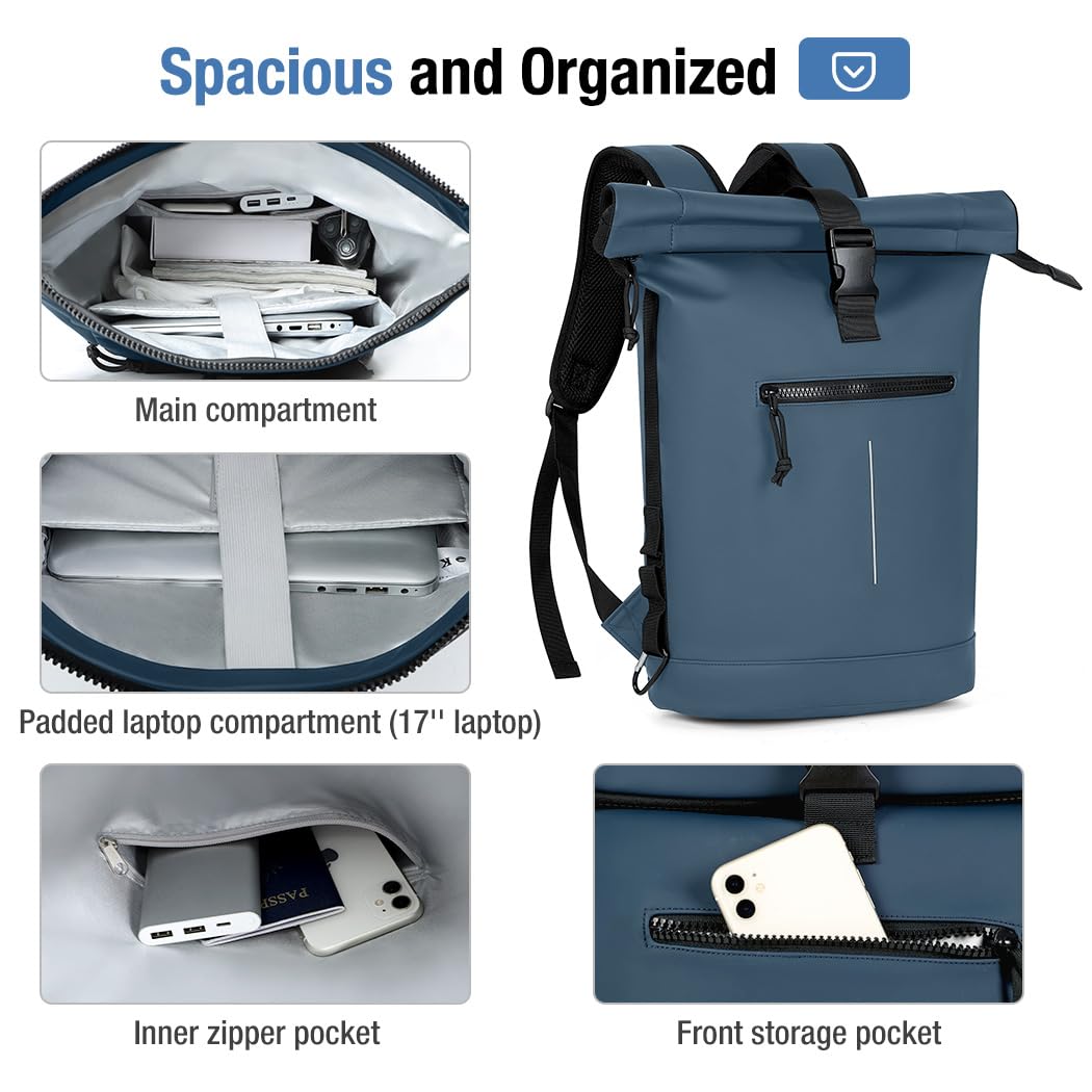 Lekeinchi Zaino Rolltop Uomo Donna Porta PC 17 Pollici | Zaino Impermeabile Uomo Donna - Rains Zaino con Strisce Riflettenti - Zaino da Viaggio Espandibile - Casual Lavoro Università - Blu
