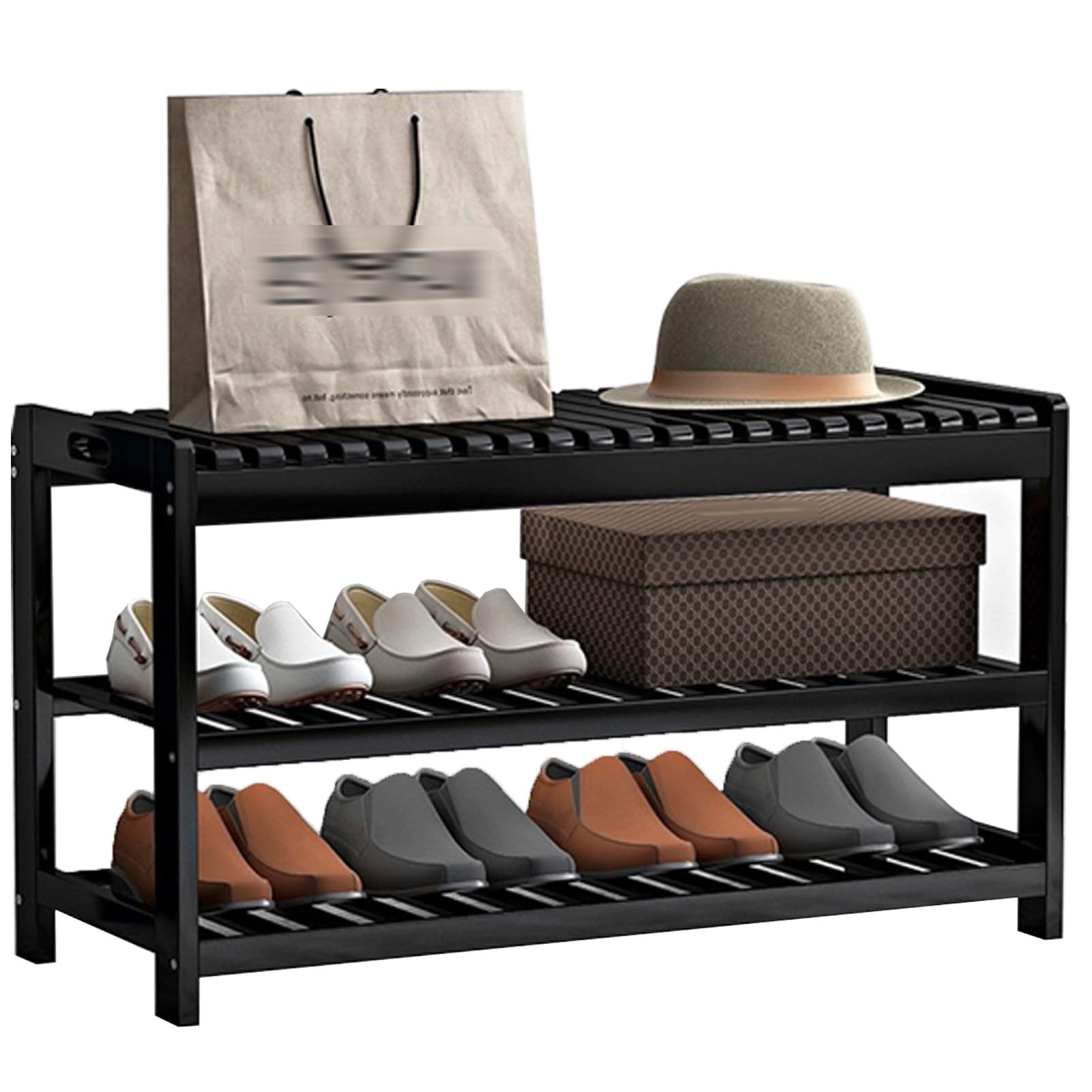 Étagère à chaussures multifonctionnelle noire avec banc de rangement 50cm
