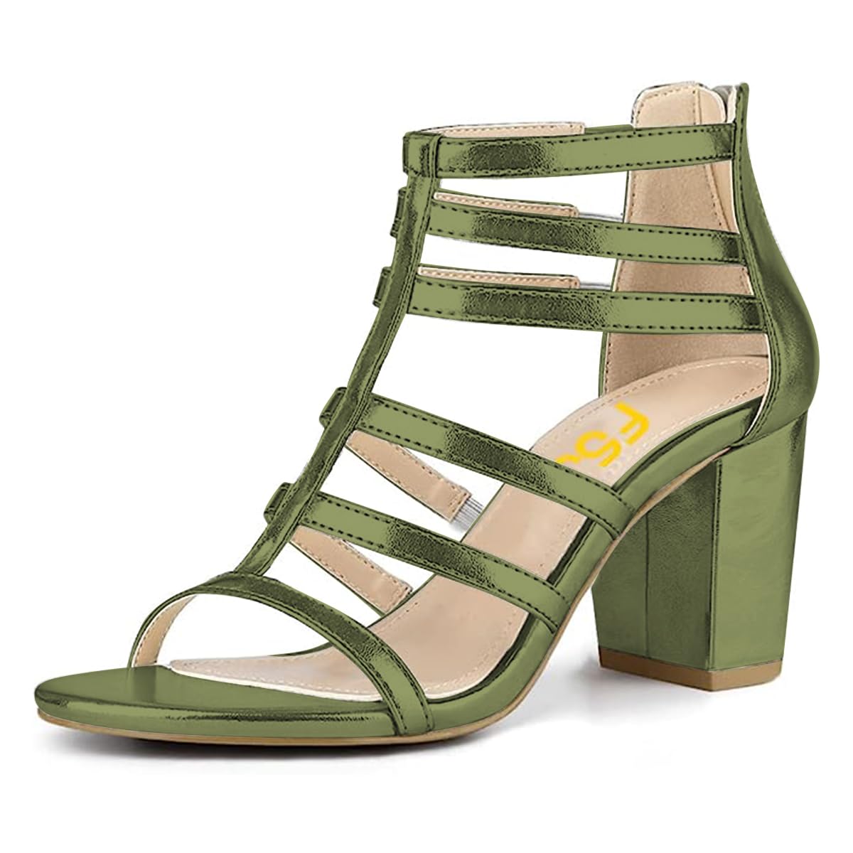 FSJ Women Chunky Mid High Heel Sandals Open Toe T-Strap Pumps Cutout Dress Party Prom Office Strappy Shoes Elastic Back Zipper Size 4-15 US