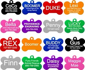 Providence Engraving Pet ID Tags in 8 Shapes, 8 Colors, and Two Sizes - Personalized Dog Tags and Cat Tags with 4 Lines of Customizable Text Available in 8 Shapes and Colors