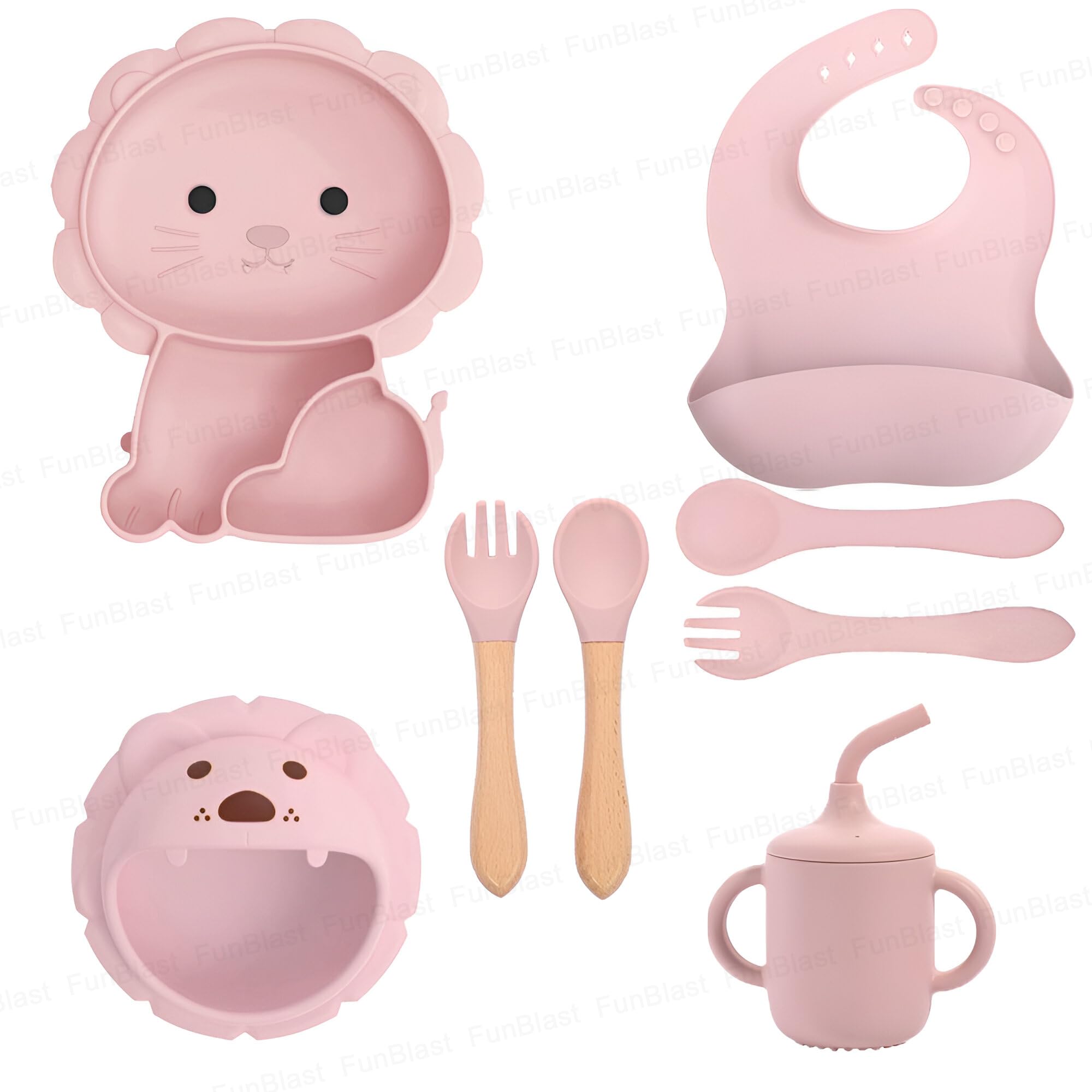 FunBlast Silicone Baby Feeding Set – 8 Pcs Tableware Dinner Set for Baby, Silicone Dinner Set, BPA Free Baby Led Weaning Set with Suction Plate, Bowl, Cup, 2 Fork, 2 Spoon, Baby Bib (LightPink)-image-45