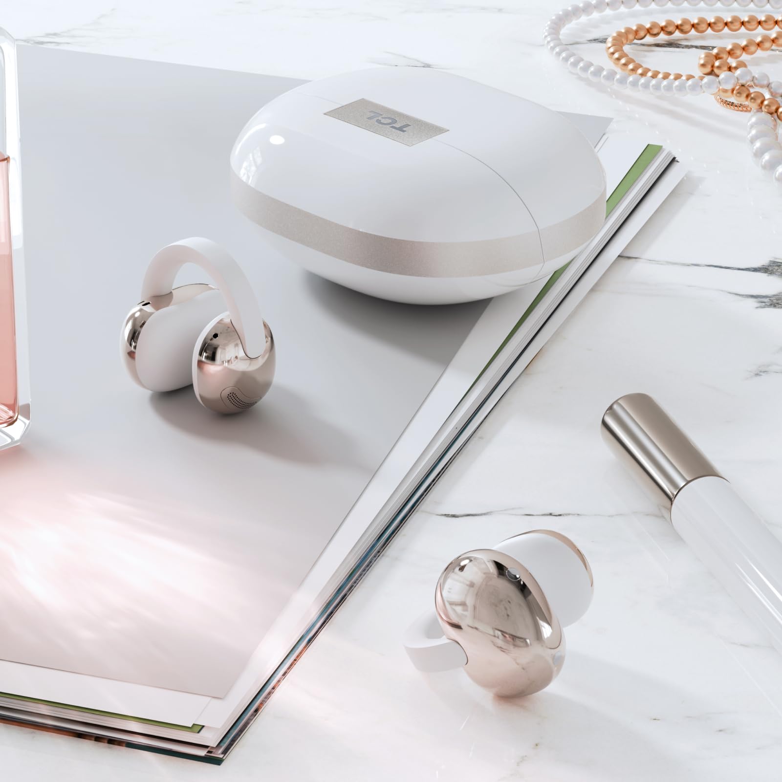TCL CrystalClip, design a clip, miglioramento dei bassi, suono spaziale 3D, fino a 36 ore di riproduzione, Bianco lunare