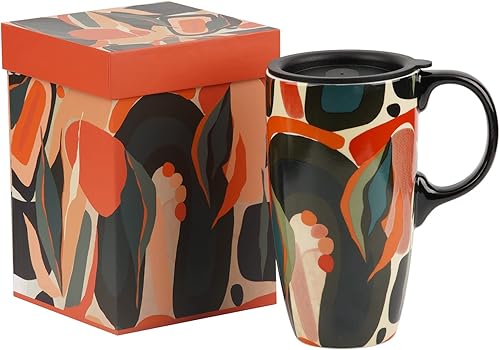 Taza de café de viaje de cerámica con tapa para el hogar y la oficina, 17 oz. Taza de arte abstracto de té alto de porcelana con asa en caja de