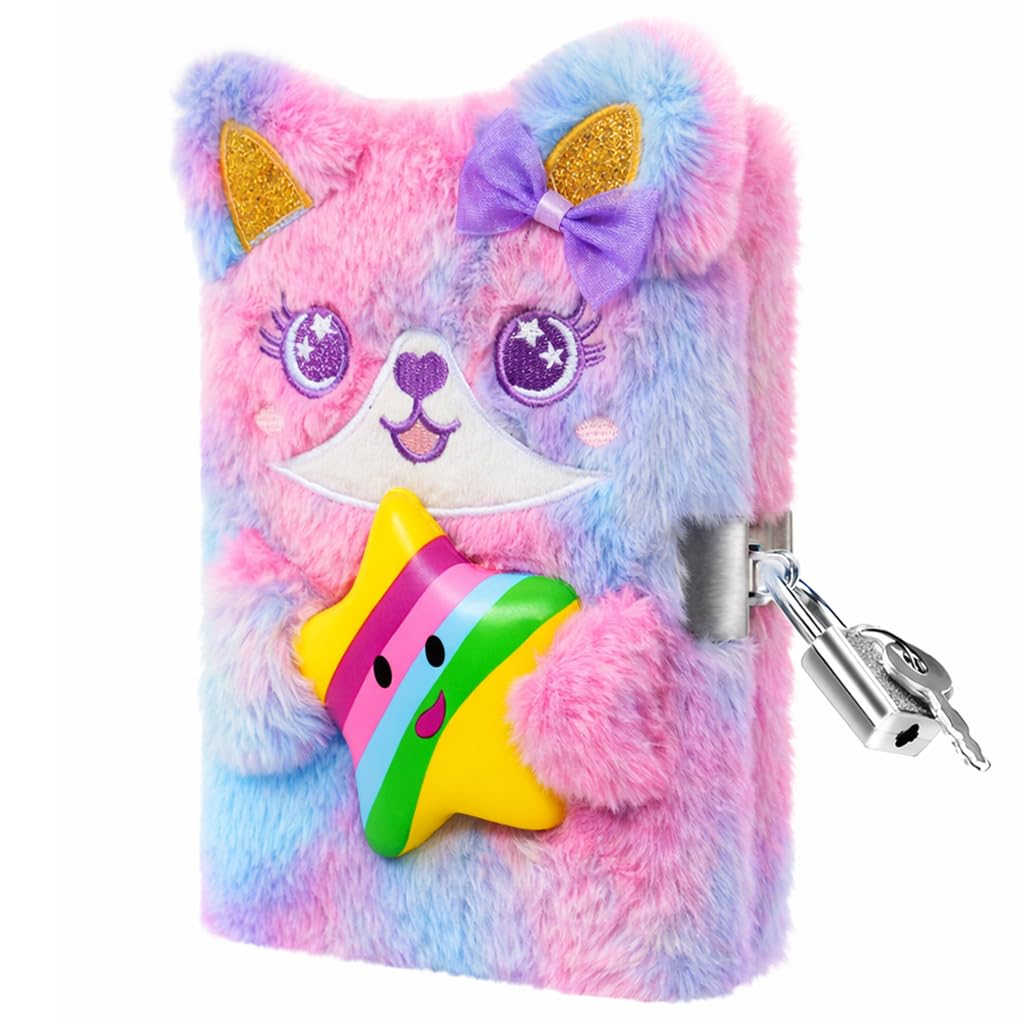 PESLNG Secret Diary Girl with Lock, Plush Notebook with Padlock, Kids Private Notebook, Gift Notepads School Office Travel Notebooks (Magic Star, Multi)