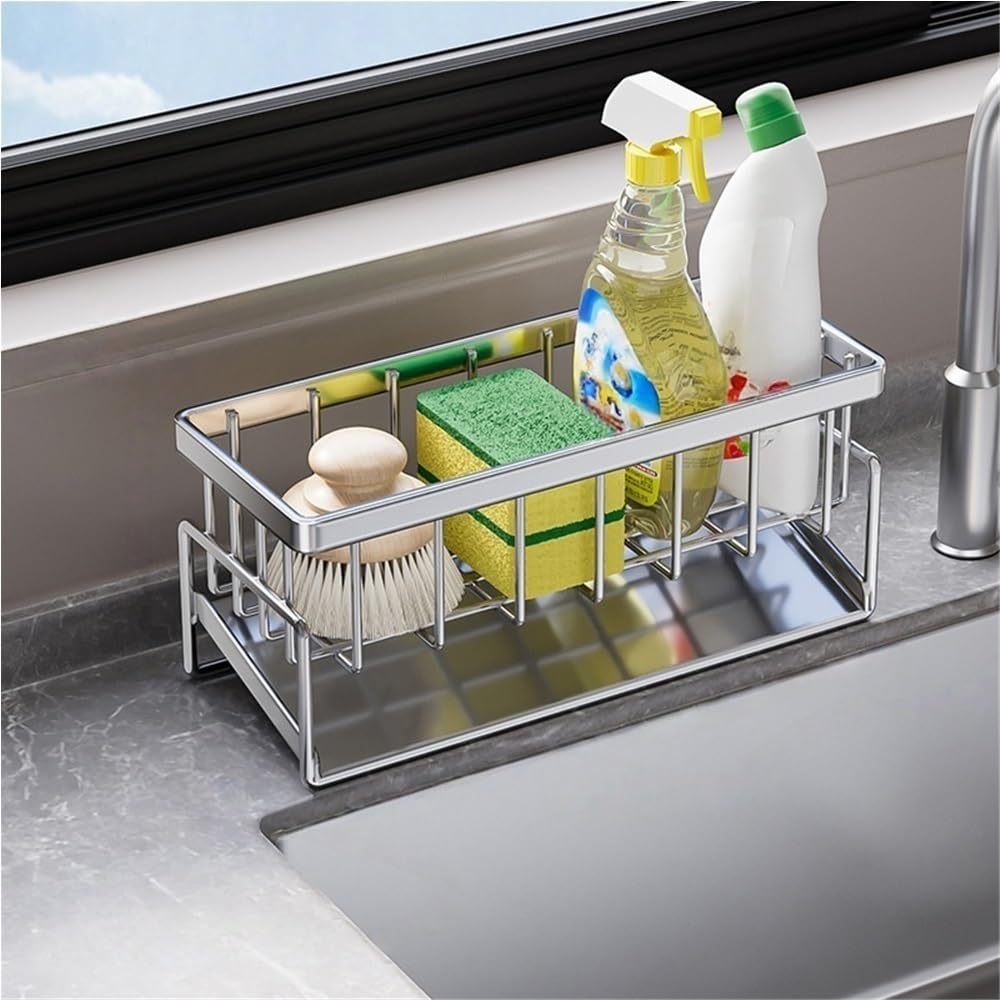 Sink Caddy Kitchen Sink Organizer Stainless Countertop Sink Organizer Sponge Holder with Drainage Tray Drainer Rack for Kitchen