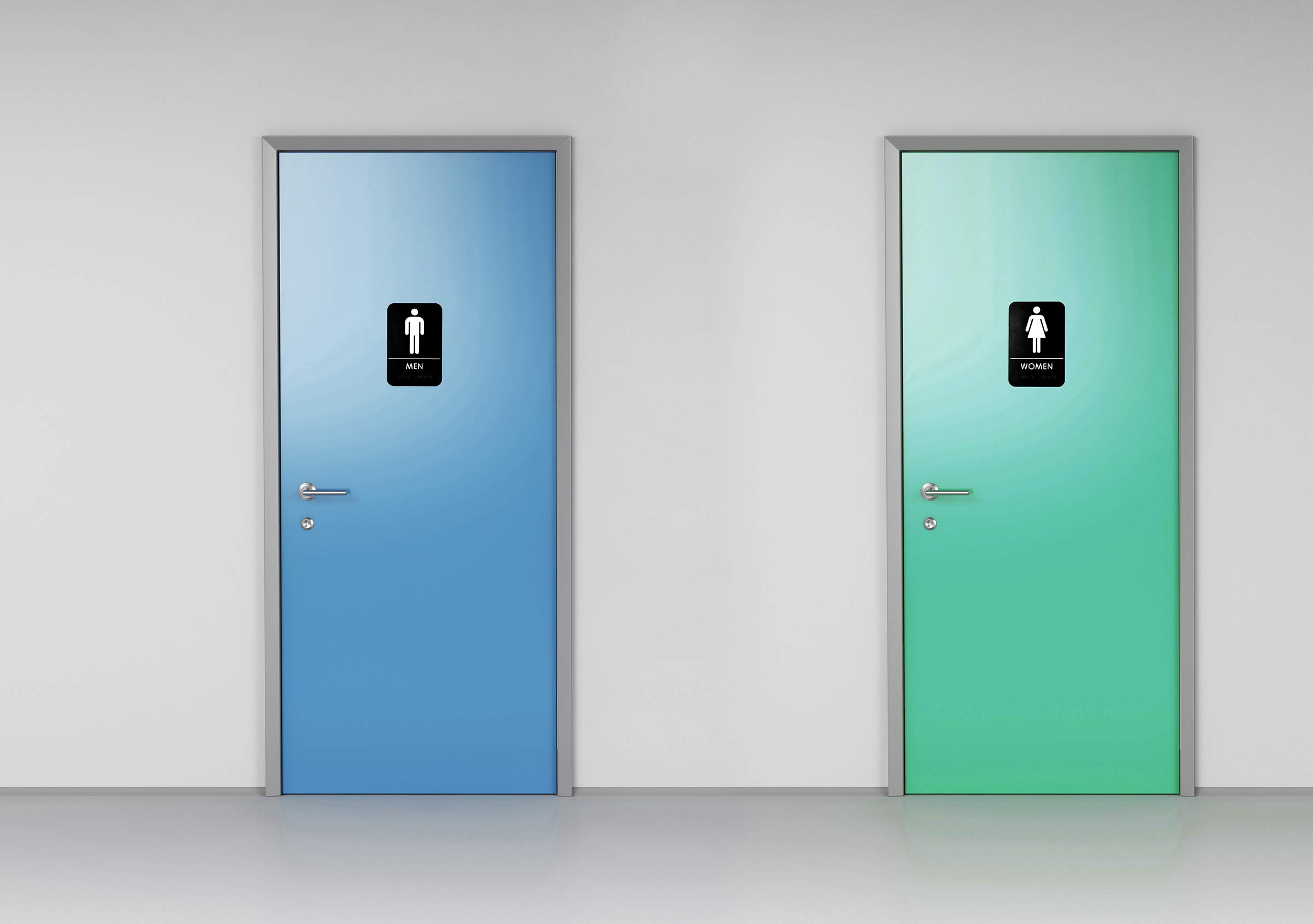 Alpine Industries Men's & Women's Restroom Signs, Set of 2 - Durable Vertical Self Adhesive Back & White Bathroom Door Sign/Placard w/ Braille Lettering For Business Office & Restaurant