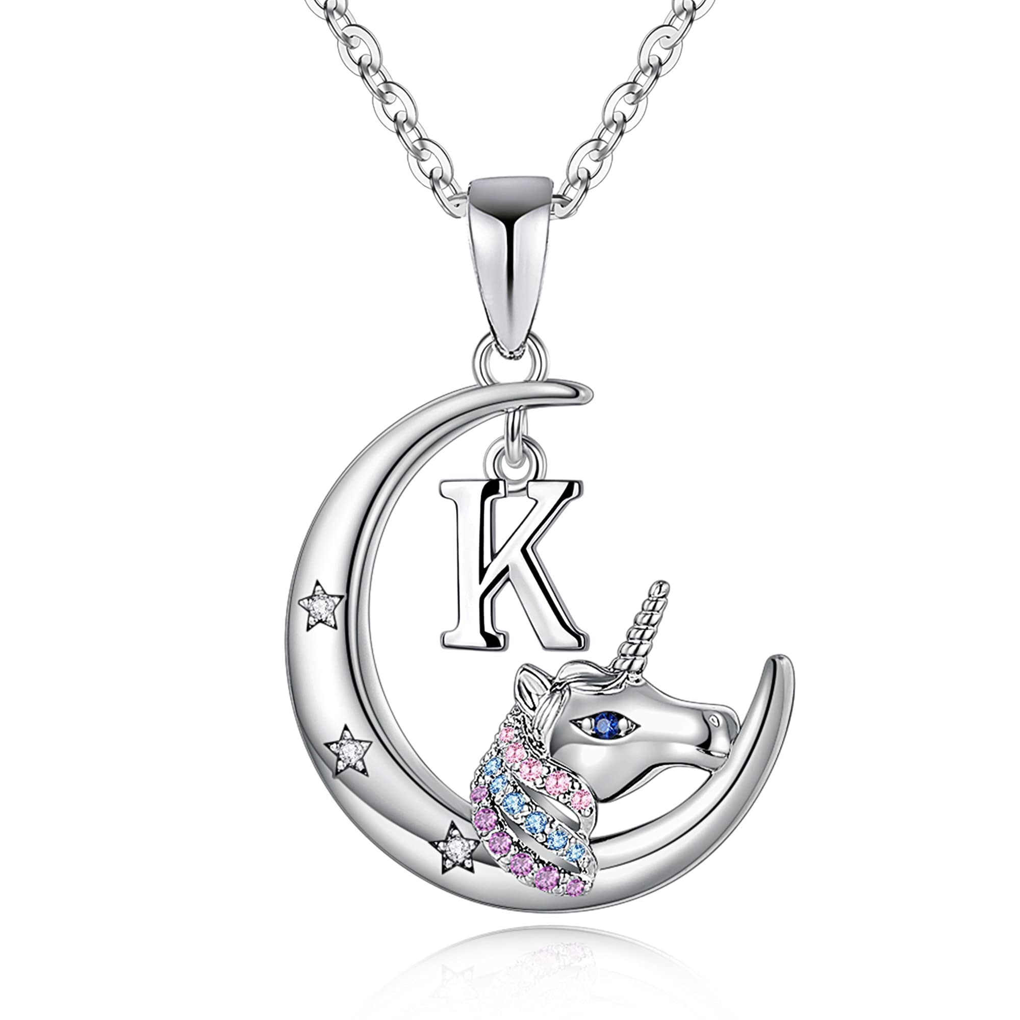 TINGN Licorne Cadeaux pour Filles Collier Croissant, Plaqué Or Blanc 14K Croissant de Lune Pendentif Licorne Colliers pour Filles Coloré CZ Licorne Collier Bijoux Licorne Cadeaux pour Filles Femmes