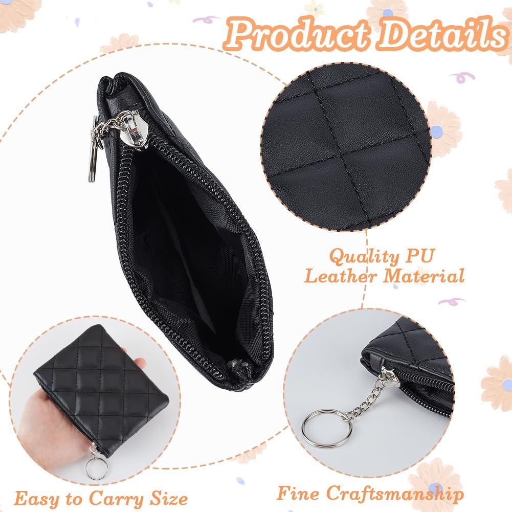 2 Colors PU Leather Coin Purse with Alloy Keyring Embossed Rhombus Small Change Purse Keychain Portable Card Holder Key Chain Wallet Zipper Pouch Pocket for Women Men(Black;Pink)