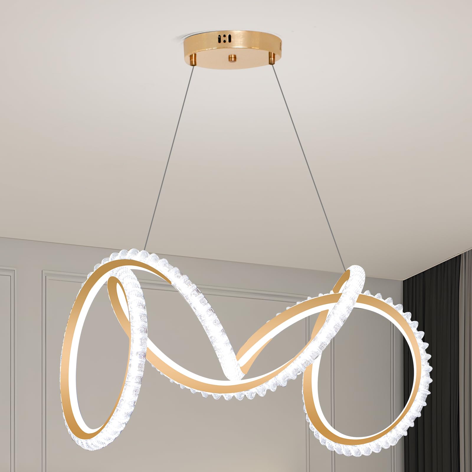 YATAI 127W Golden LED Loop Chandelier, Artistic Modern Design with Three-Color Dimming (3000K–6000K), Adjustable Height, for Living Room, Bedroom, Dining Room, 10–15㎡